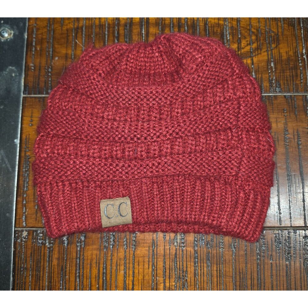 C.C Beanie Maroon Burgundy Cable Knit Winter Hat Ribbed Cuff OSFM